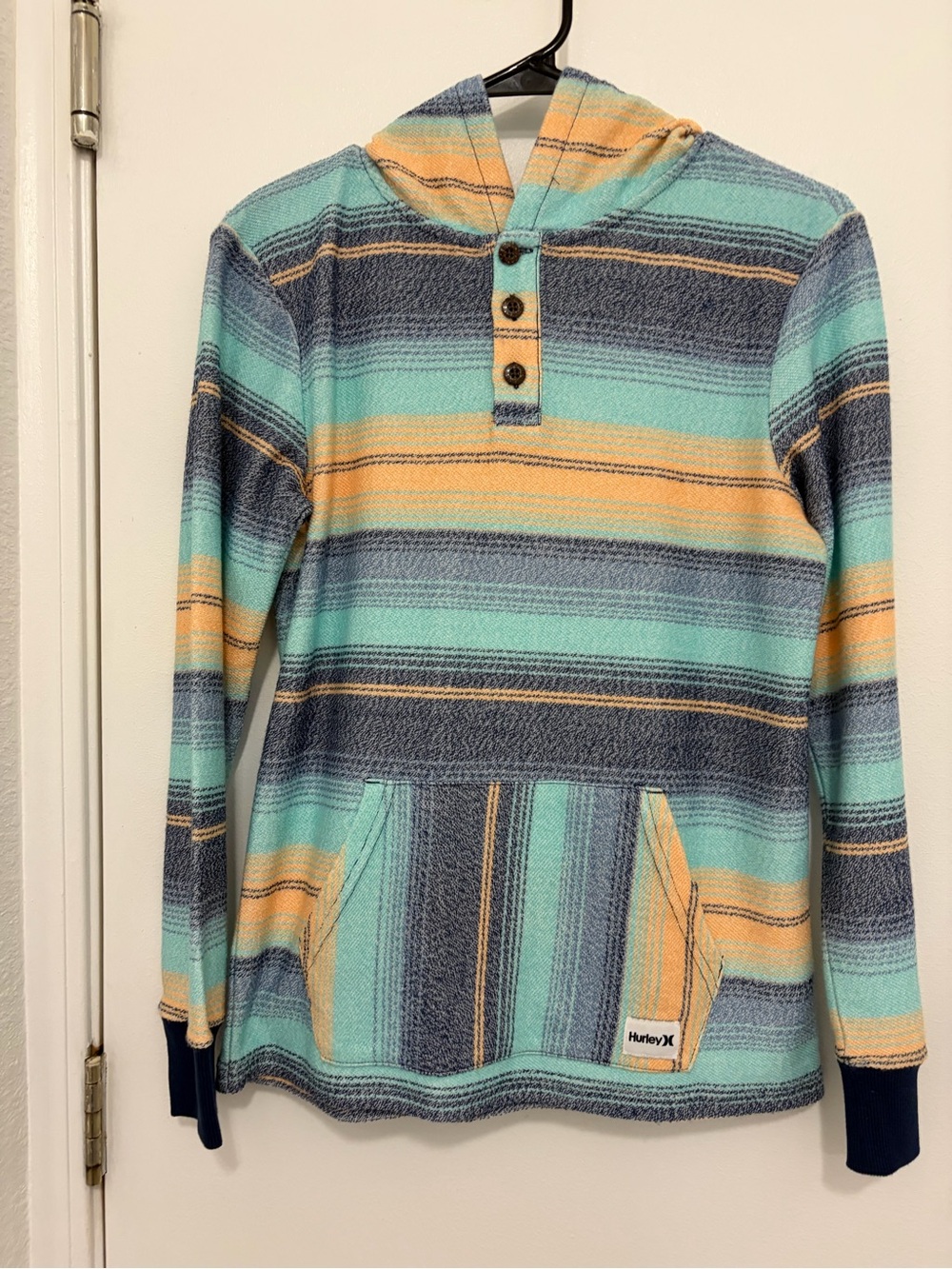Hurley Striped Pullover Hooded Sweater in Aqua, Yellow, and Navy